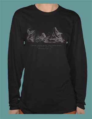 fashion T-shirt with drawing of 3 playful killer whales by Bonnie Greta