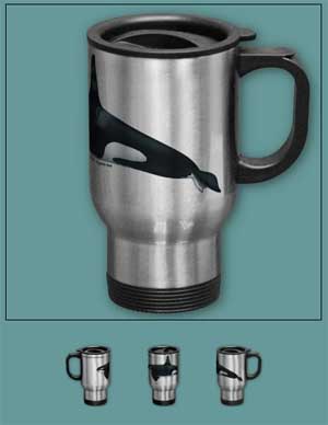 Stainless steel mug featuring a drawing of Orcinus orca by Uko Gorter